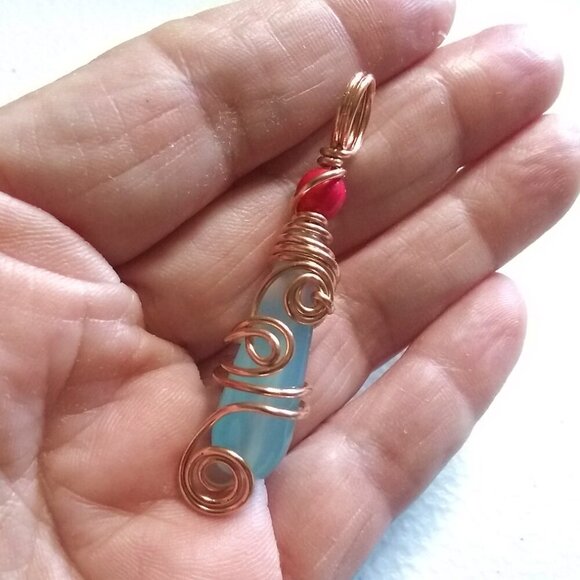 Eclectic Wire Wrapped Blue Agate Teardrop w. Pink Top Bead ~ Handmade Pendant - Picture 2 of 8